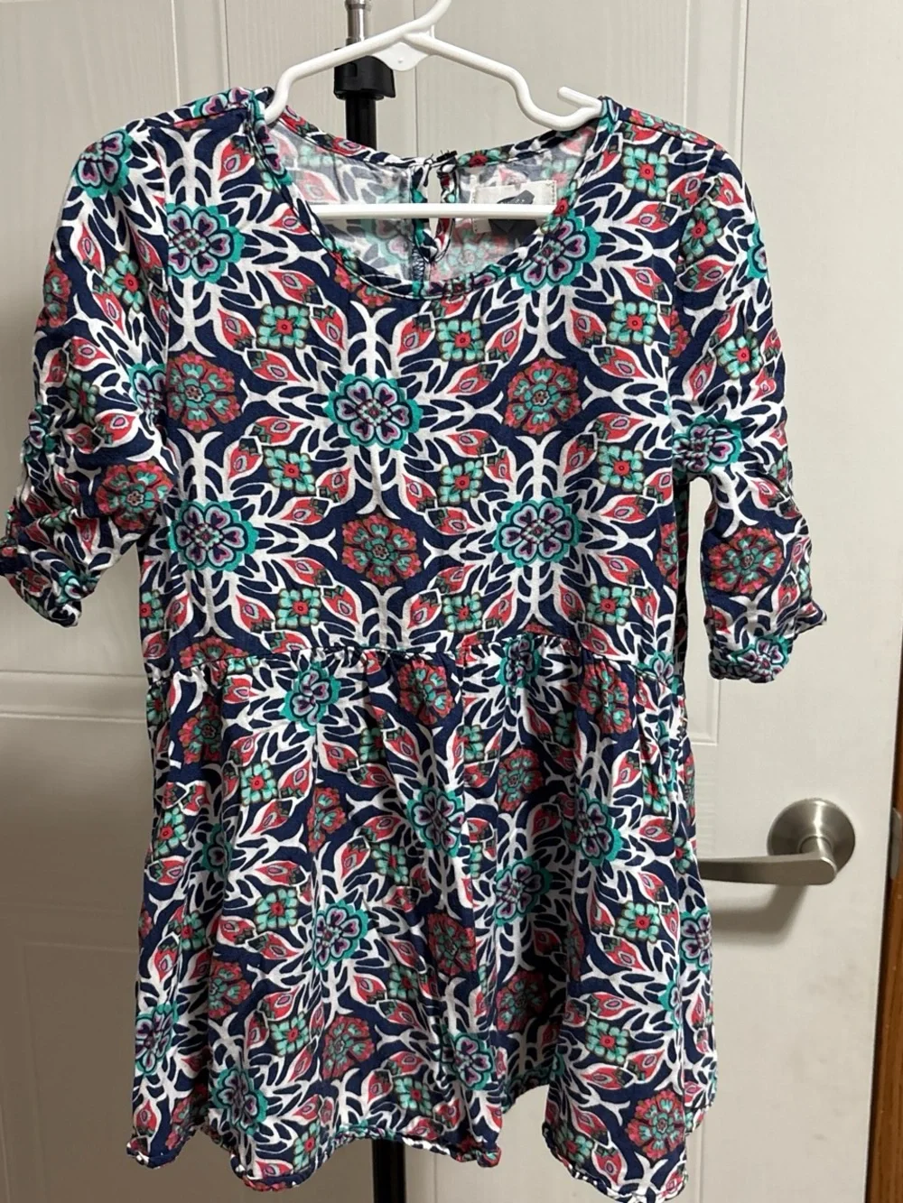 Old Navy Navy Floral Geometric Peplum Tunic with Teal & Coral Accents
